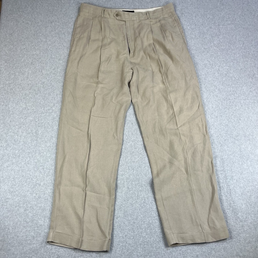 Banana Republic 100% Linen Pants Mens 40L (Fits 38x31) Beige Pleated Cuffed